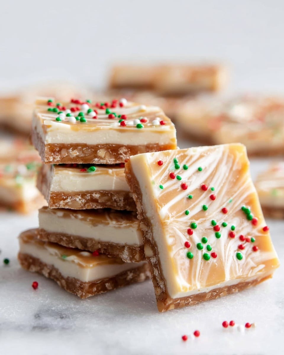 The image shows a stack of thin, rectangular pieces of brittle candy on a white marbled surface. Each piece has three visible layers: a light brown, nutty base layer with a crunchy texture, a middle creamy white layer that looks smooth, and a top layer with a pale beige caramel-like swirled pattern. Small red, green, and white round sprinkles decorate the top surface, adding color and texture contrast. In the foreground, one piece is leaning against the stack, showing all layers clearly. More candies are slightly out of focus in the background. Photo taken with an iphone --ar 4:5 --v 7