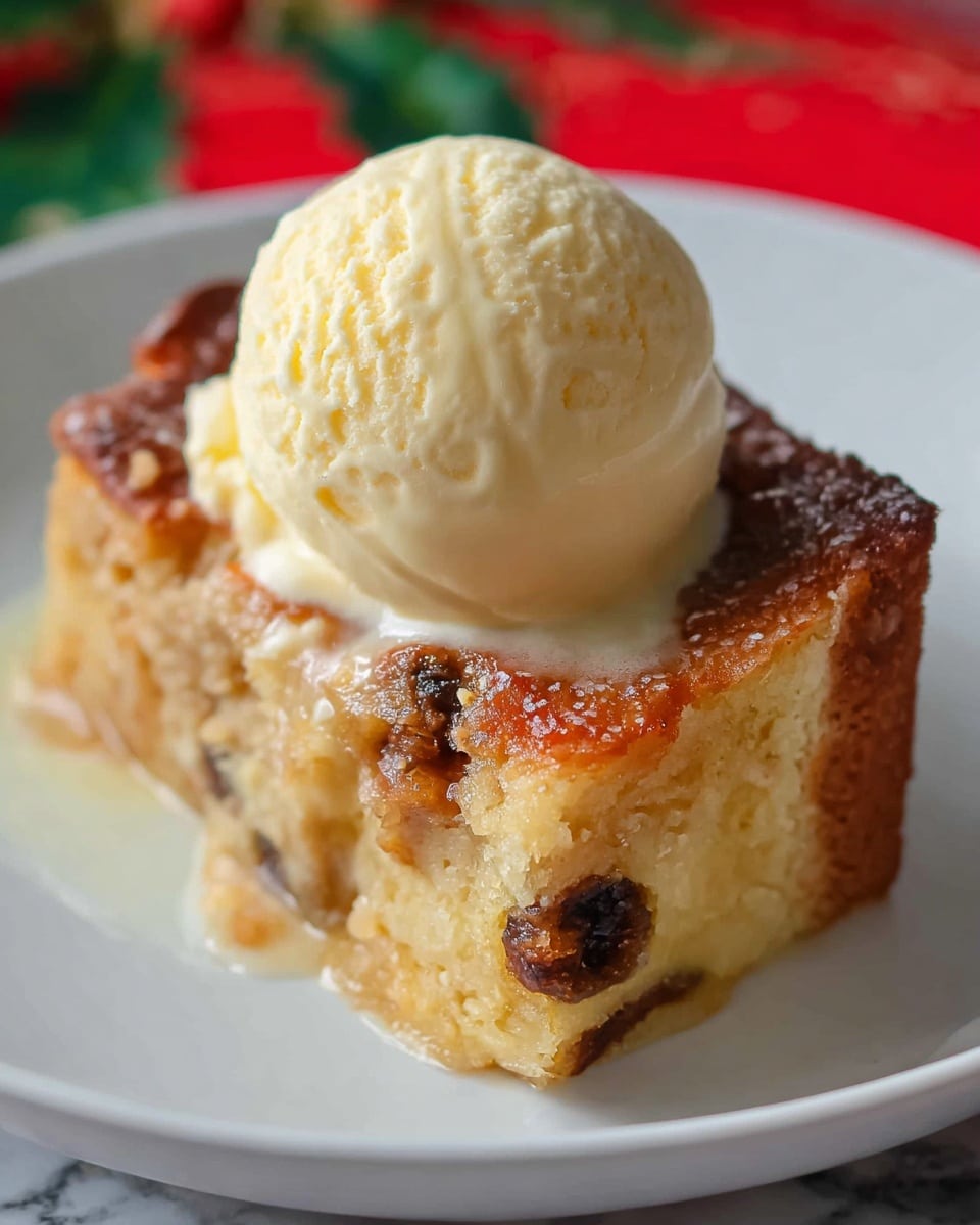 A close-up of a white plate showing a single thick slice of bread pudding with a golden-brown crust and soft, moist interior visible at the bottom. The bread pudding has small dark spots that look like raisins or chocolate chips embedded inside the top layer. On top of this slice is a smooth, creamy scoop of pale yellow ice cream with a few tiny vanilla specks, slightly melting against the warm bread. The background features a soft focus of red and green colors, and the plate sits on a white marbled surface. photo taken with an iphone --ar 4:5 --v 7