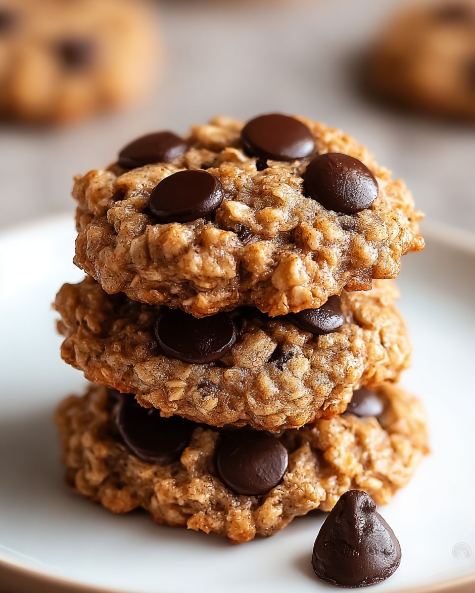 Three stacked oatmeal chocolate chip cookies sit in the center of a white plate on a white marbled surface. Each cookie has a rough, bumpy texture with visible oats and is light brown in color, dotted with large, dark brown chocolate chips on the top and sides. The top cookie shows three prominently glossy chocolate chips. One chocolate chip lies beside the stack on the plate, partially broken. The background is softly blurred, highlighting the cookie stack's details. photo taken with an iphone --ar 4:5 --v 7