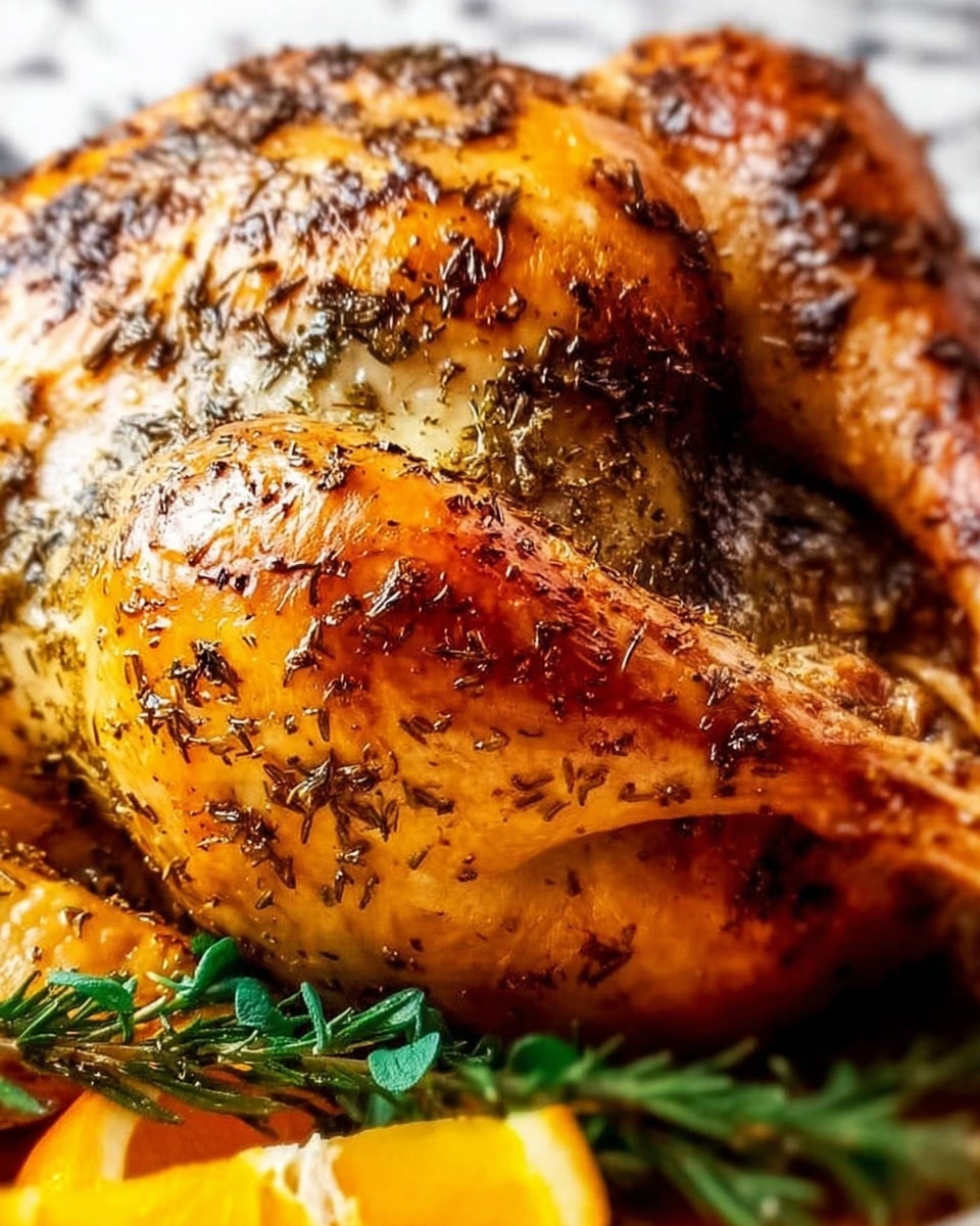 A close-up of a whole roasted chicken with golden brown, crispy skin covered in small specks of dried herbs. The chicken's wing is visible in the foreground, resting against the body, and the leg is tucked close to the chicken. Around the chicken, there are sprigs of fresh green herbs and slices of bright orange citrus fruit. The background is a white marbled texture. Photo taken with an iphone --ar 4:5 --v 7