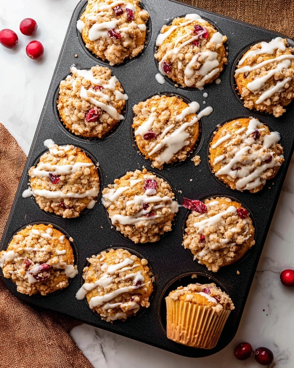 The image shows a black muffin tray filled with ten golden brown muffins, each topped with a crumbly streusel layer that is light brown and textured with small chunks, and drizzled with white icing in thin lines. Some muffins have visible pieces of red cranberries embedded in them, adding small bursts of color. One muffin is partially taken out from its slot on the tray and lies slightly angled, showing a ridged paper muffin liner that is golden brown. The tray sits on a surface with a white marbled texture, scattered with a few whole shiny red cranberries and a soft, light brown cloth edging the bottom left corner. Photo taken with an iphone --ar 4:5 --v 7
