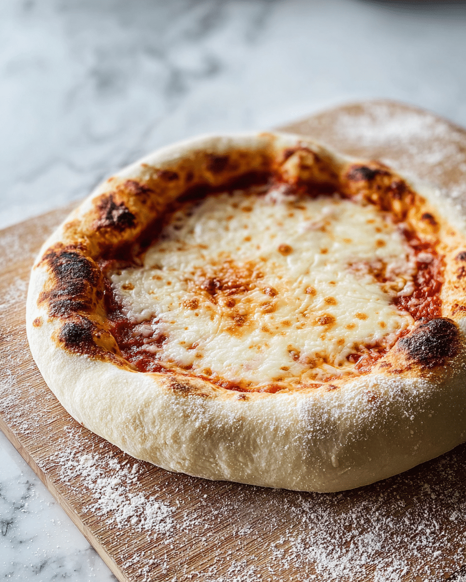 A fresh homemade pizza with a thick, golden-brown crust dusted with white flour, showing some dark toasted spots. The pizza has one main layer of melted creamy white cheese covering a thin layer of bright red tomato sauce beneath it. The crust is thick and puffy, forming a round border around the evenly melted cheese in the center. The pizza sits on a wooden board sprinkled with flour, against a white marbled texture background. photo taken with an iphone --ar 4:5 --v 7