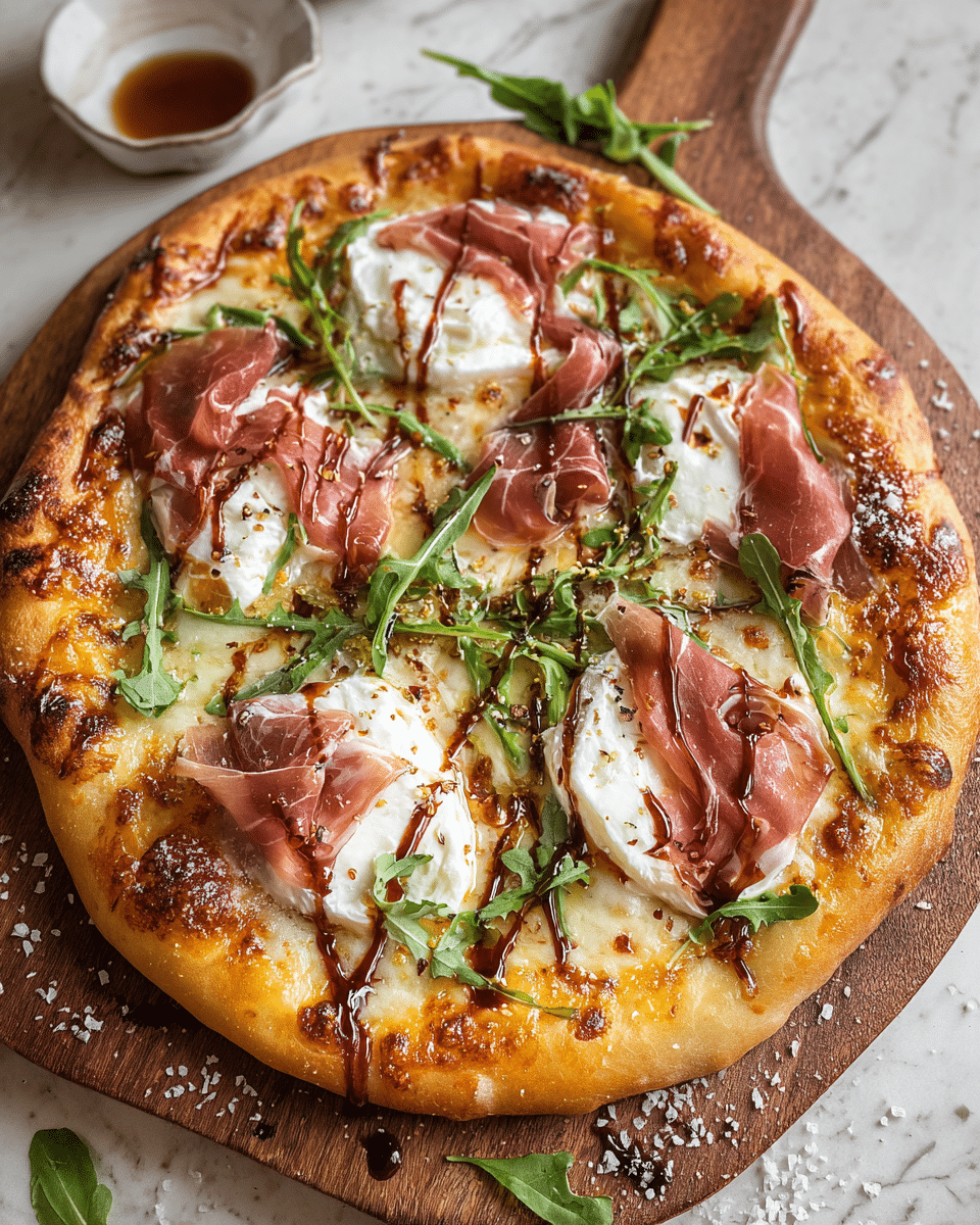 A round pizza with a golden, slightly thick crust forms the base, covered in a layer of melted cheese with browned spots. On top, there are several dollops of white creamy cheese spread evenly. Thin slices of reddish-pink prosciutto are layered loosely across the pizza, some pieces draping gently over the cheese. Bright green arugula leaves are scattered in between the prosciutto, adding a fresh look. A drizzle of shiny dark brown honey or balsamic glaze runs across the top, adding contrast and shine. The pizza sits on a wooden board with coarse salt flakes and a few arugula leaves around it, all placed on a white marbled surface. Photo taken with an iphone --ar 4:5 --v 7