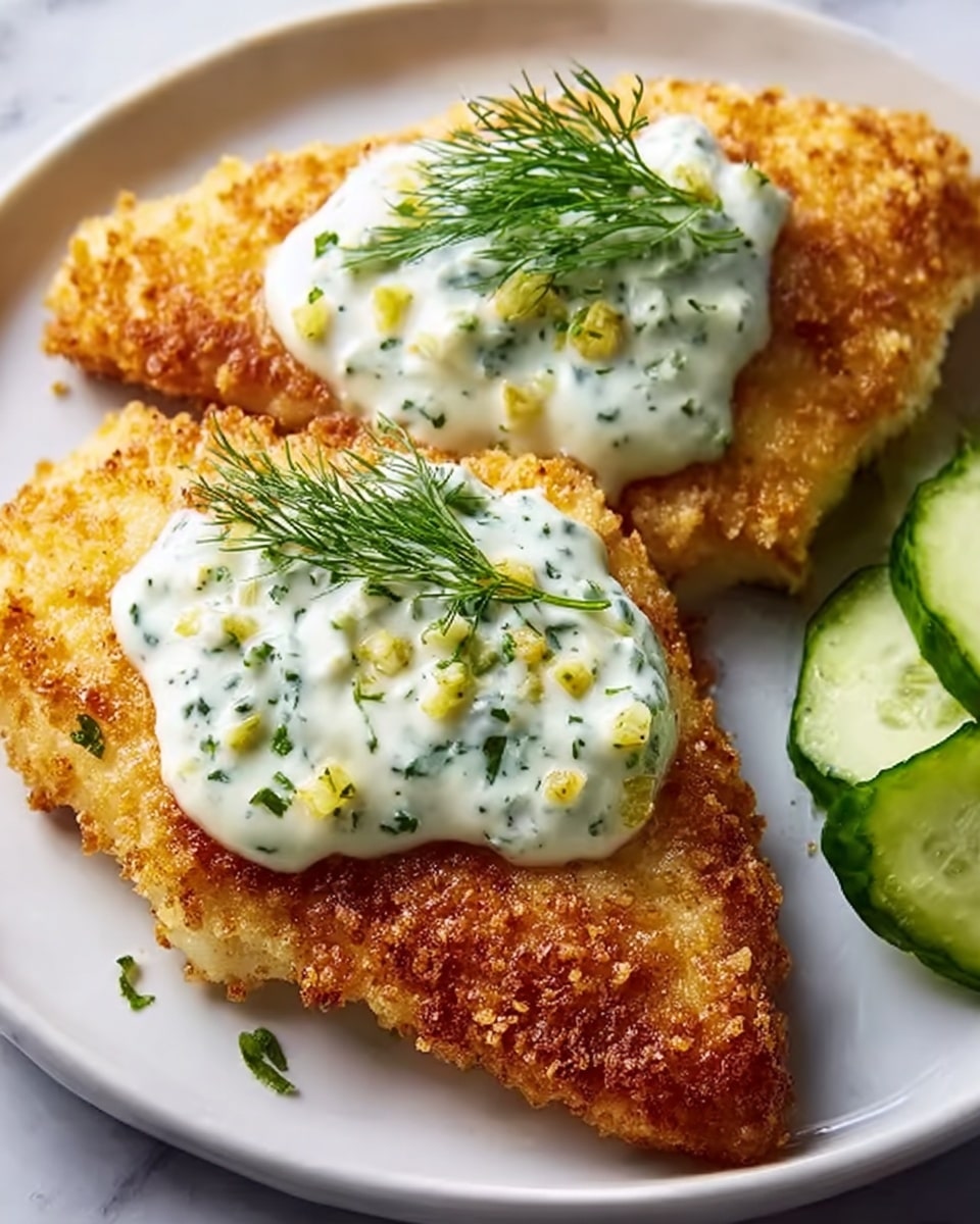 The image shows two pieces of golden-brown crispy fried fish fillets on a white plate with a white marbled texture surface underneath. Each fillet has a thick layer of creamy white tartar sauce with green herbs and small yellow bits spread on top. A fresh dill sprig is placed on the tartar sauce on the front fillet. To the right side of the plate, there are sliced pieces of fresh green cucumber in a small stack. The overall look is bright with a focus on the crunchy texture of the fish and creamy sauce. photo taken with an iphone --ar 4:5 --v 7