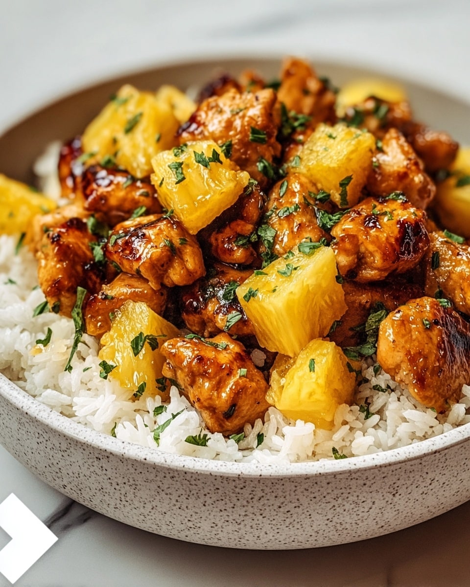 A close-up view of a bowl with three layers: the bottom layer is white, fluffy cooked rice with a soft texture; the middle layer consists of golden-brown grilled chicken pieces coated in a shiny, sticky sauce; the top layer has bright yellow pineapple chunks and small green herb pieces sprinkled over the chicken, adding contrast and freshness. The bowl is white and rests on a white marbled surface. photo taken with an iphone --ar 4:5 --v 7