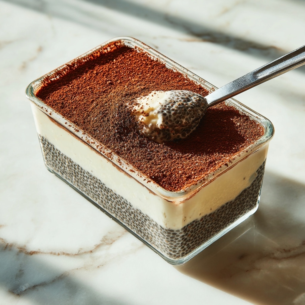A clear glass rectangular container shows a chia seed pudding dessert with three layers: the bottom layer is dark brown and textured with small black chia seeds, the middle layer is creamy white and smooth, and the top layer is a thick dusting of dark cocoa powder covering the entire surface except a small area where a scoop has been taken out, revealing the creamy layer beneath. The container is placed on a white marbled surface with natural light highlighting the textures and colors. Photo taken with an iphone --ar 4:5 --v 7