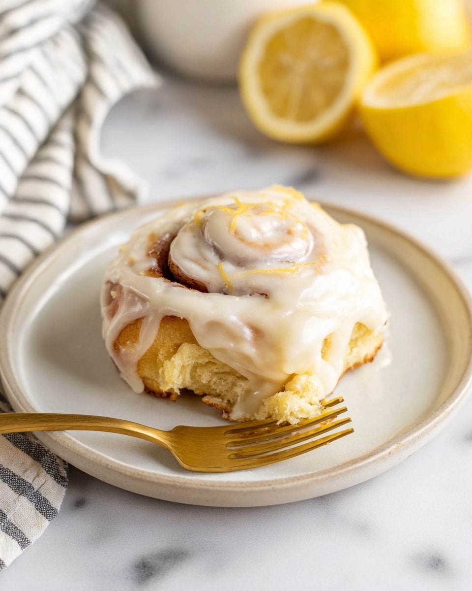 A soft cinnamon roll with a thick layer of white cream cheese icing covers the top and drips down the sides, showing a light golden-brown spiral underneath. The cinnamon roll sits alone on a clean white plate, with a gold fork pressing gently into the icing on the right side. In the background, two halved lemons add a pop of yellow, and the scene is set against a white marbled surface with a striped cloth partially visible on the left. photo taken with an iphone --ar 4:5 --v 7