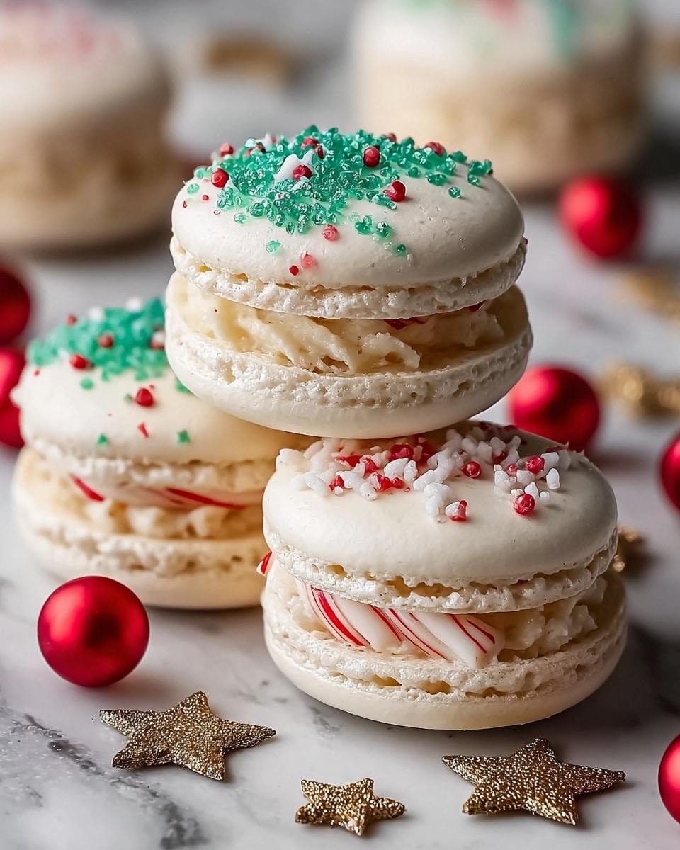 The image shows three white macarons stacked closely together on a white marbled surface. Each macaron has two smooth, off-white shells with a slightly crunchy texture and a creamy filling in between. Inside the filling, there are thin red and white candy cane strips adding a festive touch. The top of each macaron is decorated with green sugar crystals and small round sprinkles in red, white, and green. Around the macarons, there are small red shiny balls and two glittery gold stars, enhancing the holiday theme. Photo taken with an iphone --ar 4:5 --v 7