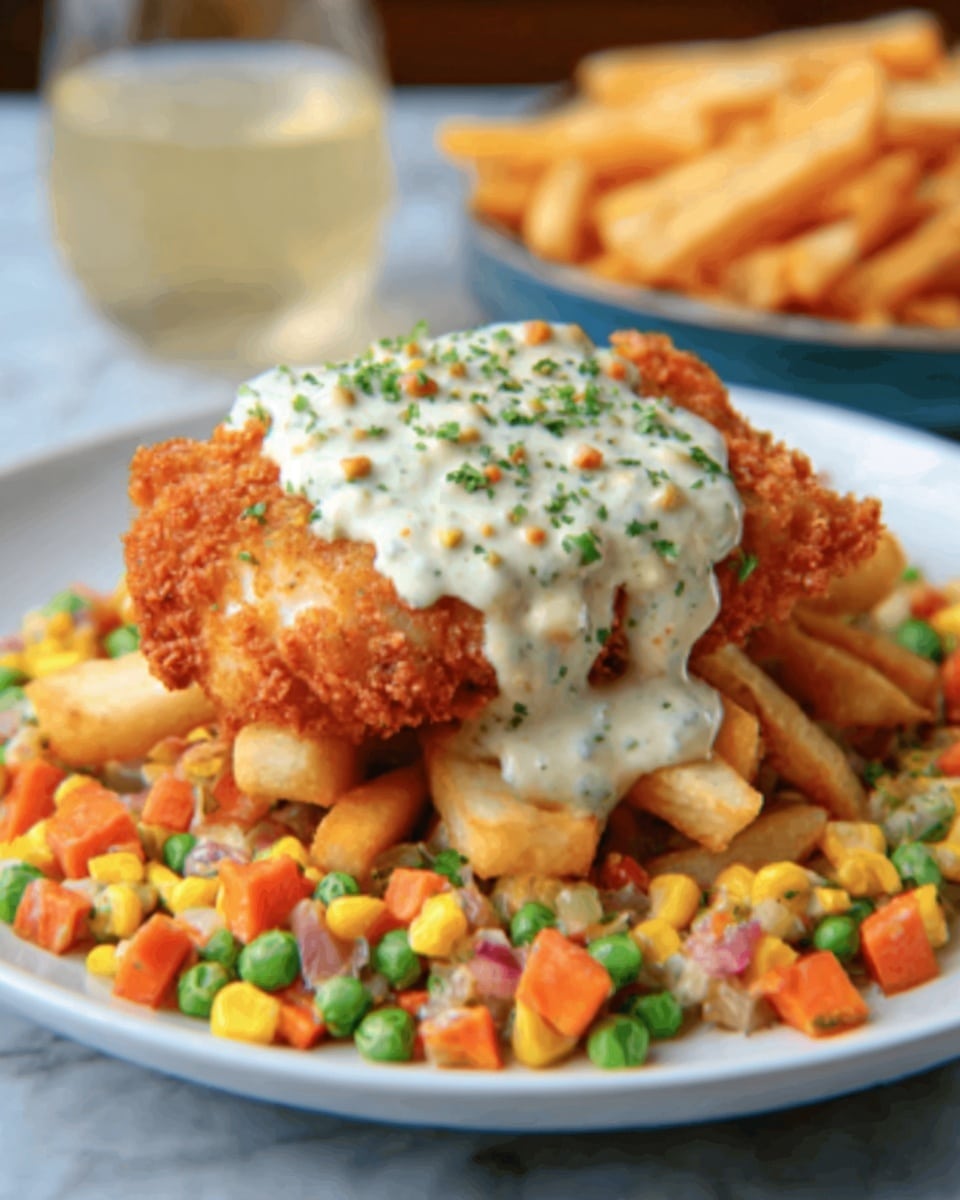 A white plate holds a serving of golden French fries topped with a crispy, golden-brown fried chicken filet as the second layer. On the chicken filet, there is a thick layer of creamy white sauce with small green herbs sprinkled on top. Surrounding the base of the chicken and fries is a colorful mix of diced vegetables including orange carrots, light green peas, and yellow corn, coated lightly in creamy sauce. In the blurred background, there is a glass of a light-colored drink and more French fries. The scene is set on a white marbled surface. Photo taken with an iphone --ar 4:5 --v 7