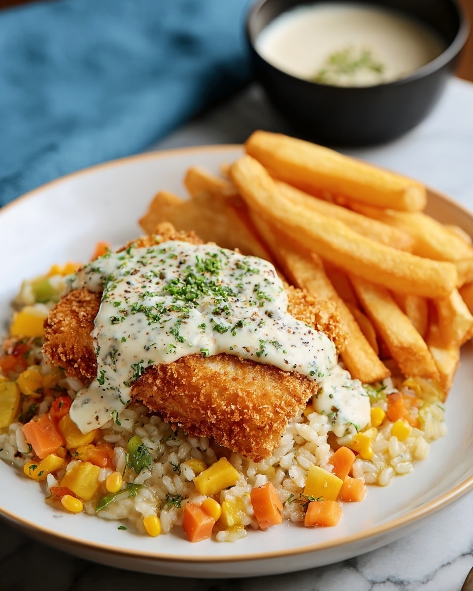 A white plate holds a meal with three main parts: on the bottom, there is a layer of creamy risotto mixed with small, soft chunks of orange and yellow vegetables, sprinkled lightly with green herbs; on top of the risotto, a golden-brown, crispy breaded fish fillet sits in the center, covered with a thick dollop of pale, creamy white sauce that has green herb pieces and is dusted lightly with pepper; to the right side of the plate, a pile of golden, thick-cut fries stands upright, crispy and inviting. In the background, there is a small black bowl with extra creamy sauce, and the plate rests on a white marbled surface with a blue cloth nearby. Photo taken with an iphone --ar 4:5 --v 7