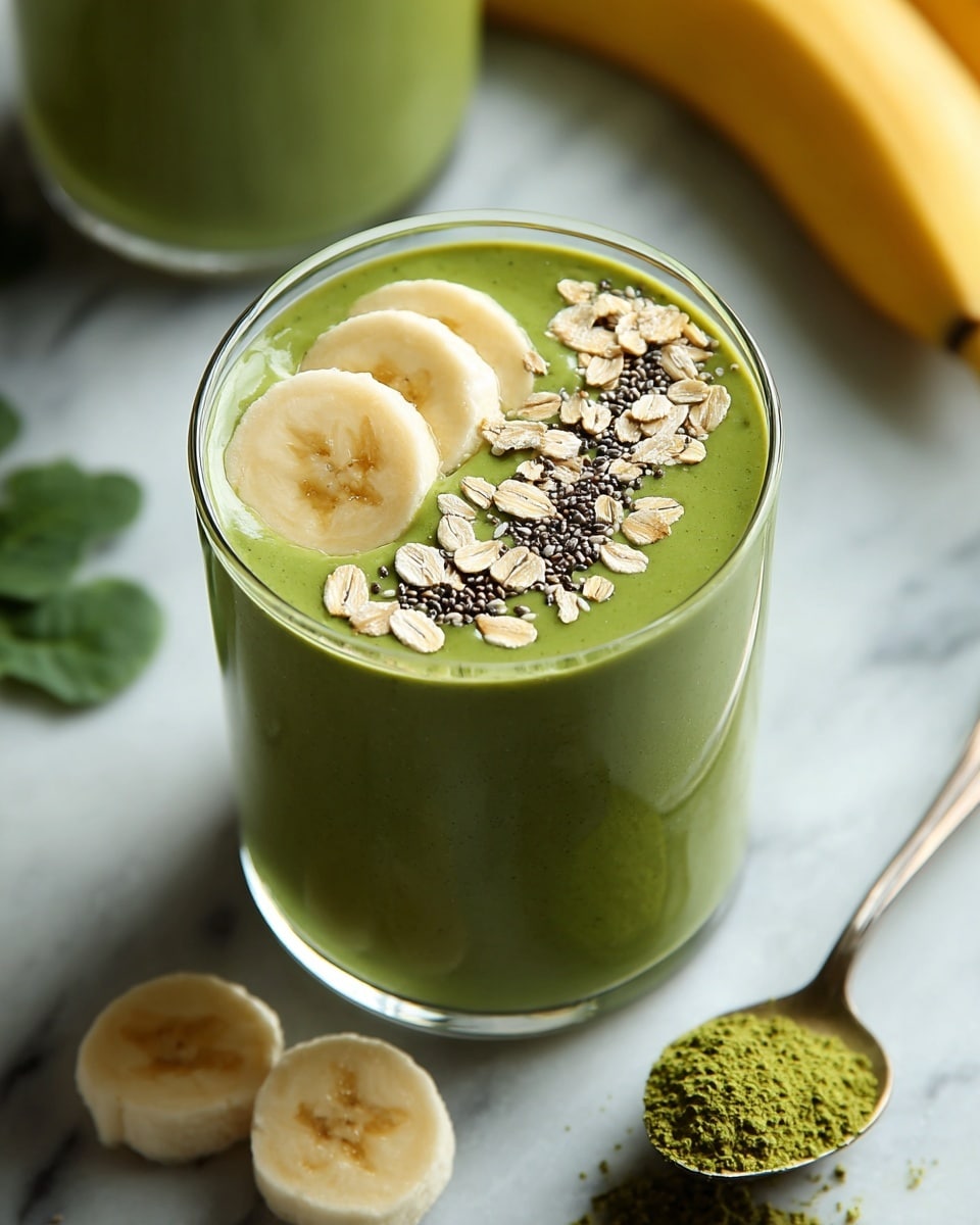 A clear glass filled with a smooth, vibrant green smoothie is shown on a white marbled surface. The green smoothie is thick and topped with two slices of light yellow banana placed near the edge, a sprinkle of light brown rolled oats, and small black chia seeds clustered in a line across the top. Surrounding the glass are a couple of loose banana slices on the surface and a spoon holding two banana slices, along with a small pile of green powder nearby. In the background, part of a whole yellow banana and another glass with a similar green drink and some green leaves are visible. photo taken with an iphone --ar 4:5 --v 7