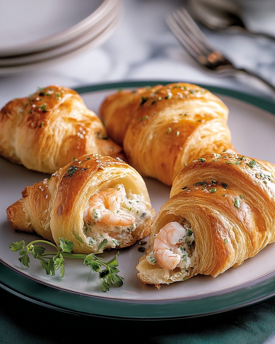 The image shows four golden brown croissants on a white plate with a dark green base, placed on a white marbled texture. Each croissant has visible flaky layers, with the top having a shiny, slightly glossy finish sprinkled with small green herbs. One croissant is cut open, revealing a creamy white shrimp filling mixed with green herbs inside. A small sprig of fresh green herbs sits next to the croissants on the plate. In the background, a silver fork and a white plate can be seen blurred out. photo taken with an iphone --ar 4:5 --v 7