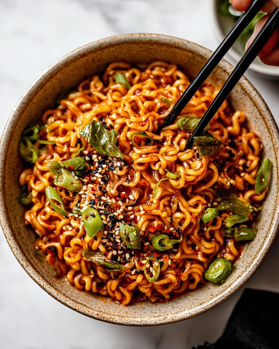 A bowl of spicy ramen noodles with a glossy, rich reddish-orange sauce covers the curly noodles, mixed with bright green sliced scallions scattered throughout. On top, there is a sprinkle of white and black sesame seeds and small pieces of chili flakes adding texture and color contrast. The noodles fill a textured light brown ceramic bowl placed on a white marbled surface, with a pair of black chopsticks lifting some noodles from the bowl, held by a woman's hand. Photo taken with an iphone --ar 4:5 --v 7