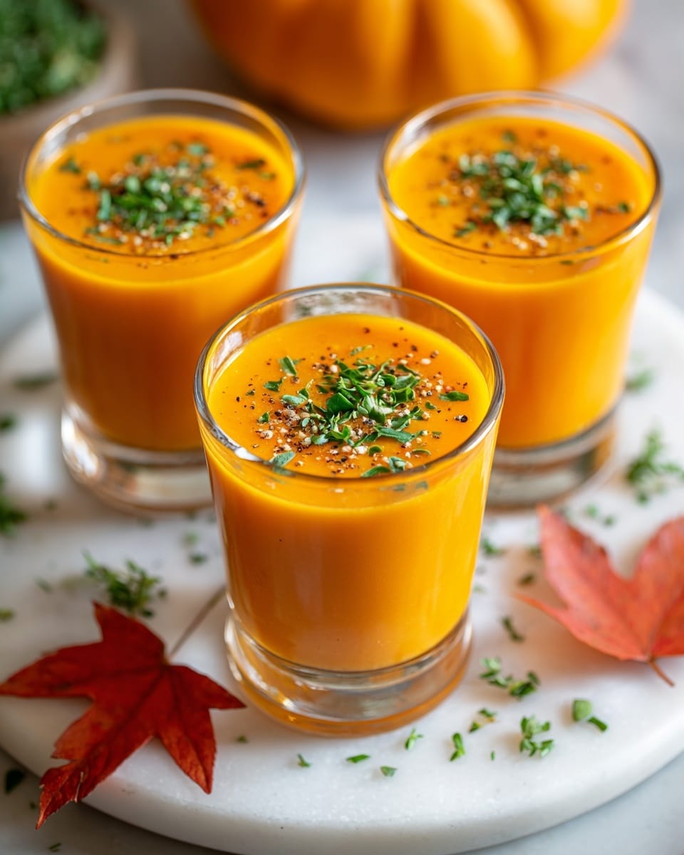The image shows three clear glasses filled with bright orange soup, each topped with small chopped green herbs and a sprinkle of black pepper, arranged in a triangle on a round white marble plate. The soup inside the glasses is smooth and thick, creating a glossy surface. Around the plate, there are scattered chopped herbs and a single orange-red autumn leaf, set on a white marbled background that highlights the vibrant colors of the soup and garnish. Photo taken with an iphone --ar 4:5 --v 7