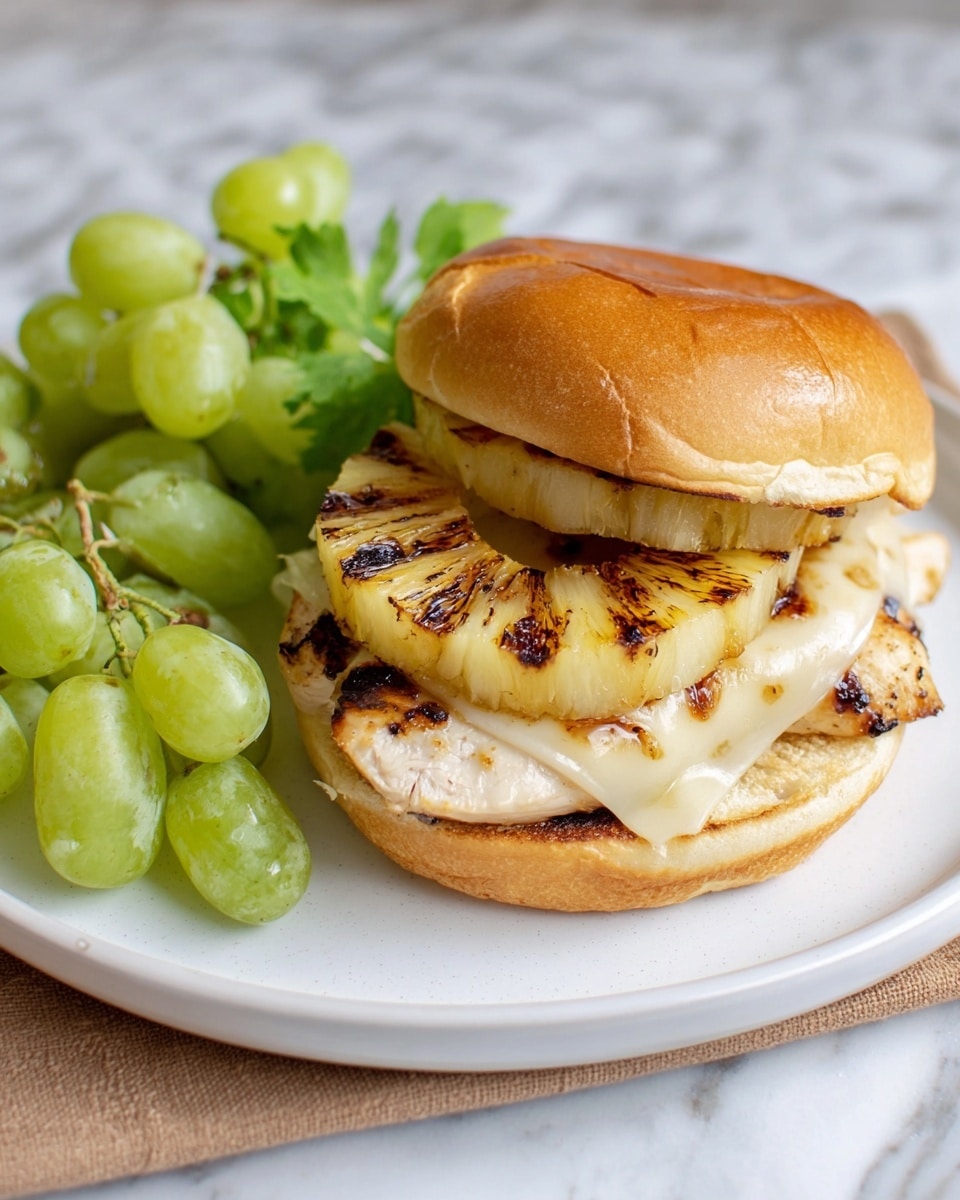 A close-up of a Hawaiian chicken sandwich on a white plate, set on a white marbled surface. The sandwich has four visible layers: the bottom layer is a soft, light golden toasted bun; on top of it, a grilled chicken breast with a slightly charred, smoky brown texture; above the chicken is a layer of melted white cheese that blends into the chicken; the next layer is a grilled pineapple ring with visible caramelized grill marks, giving it a golden yellow and brown look; finally, the top is a soft golden toasted bun slightly squeezed over the pineapple. Photo taken with an iphone --ar 4:5 --v 7