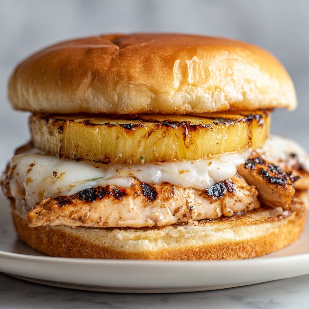 A sandwich placed on a white plate with a cluster of green grapes on the left side; the sandwich has three main layers starting from the bottom with a soft toasted white sandwich bun, topped with a grilled chicken breast that has visible brown grill marks, covered by melted light yellow cheese, two golden-brown grilled pineapple rings with char marks, and finished with a golden toasted sandwich bun on top. The entire plate rests on a white marbled texture surface. Photo taken with an iphone --ar 4:5 --v 7