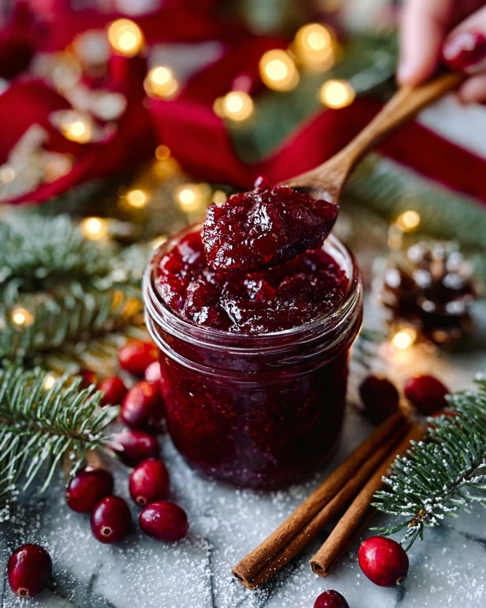 The image shows a small, clear glass jar filled with chunky red cranberry sauce that has a shiny, thick texture. A wooden spoon is dipping into the jar, held by a woman’s hand from the right side. Around the jar, there are red cranberries, cinnamon sticks, and green pine branches with small yellow glowing lights, all placed on a white marbled surface dusted lightly with powdered sugar. The background includes blurry holiday decorations with red ribbons and warm lights creating a festive feeling. Photo taken with an iphone --ar 4:5 --v 7