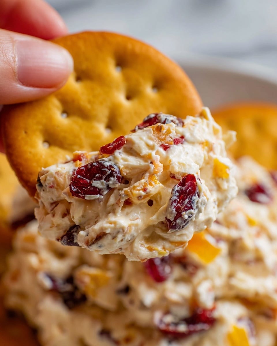 A close-up shows a round, golden-brown cracker with small holes held by a woman's hand above a white marbled surface. Below the cracker, there is a creamy, chunky cheese mixture that has visible pieces of red dried cranberries and small bits of orange fruit, giving it a colorful, textured look. The cheese mix looks soft and slightly uneven with a rich, thick consistency. The warm light highlights the creamy texture and the bright colors of the fruit. Photo taken with an iphone --ar 4:5 --v 7