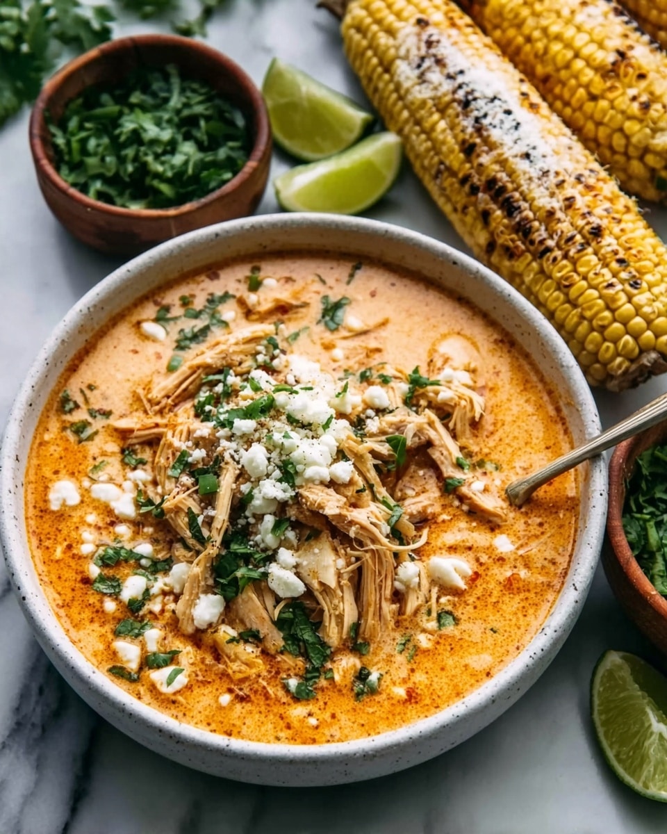 A white bowl filled with creamy orange soup topped with shredded chicken, sprinkled with white cheese crumbles, chopped green herbs, and small pieces of corn. Three grilled corn cobs with a light dusting of white cheese are placed to the right of the bowl on a white marbled surface. Small bowls with chopped green herbs and lime wedges sit near the bowl and corn. A woman's hand holds a spoon dipping into the soup. photo taken with an iphone --ar 4:5 --v 7