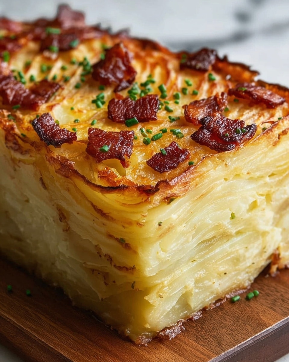 A square-shaped potato casserole loaf with about eight visible layers of thinly sliced potatoes tightly packed together, creating a creamy yellow interior. The top layer has a golden-brown baked crust with crispy, darkened edges and small pieces of cooked bacon scattered across the surface, adding a reddish-brown color contrast. There are tiny green chives sprinkled on top for a hint of color. The side shows the soft, dense texture of the cooked potatoes with some slight unevenness. The casserole sits on a wooden board with a white marbled surface in the background. Photo taken with an iphone --ar 4:5 --v 7