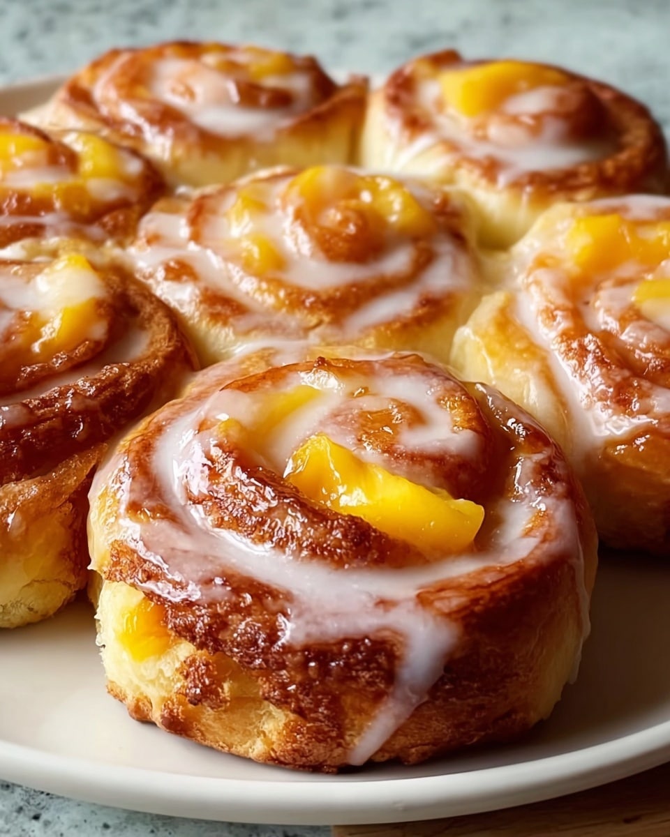 A close-up view of six golden-brown cinnamon rolls arranged closely on a white plate, each roll showing a thick swirl with a shiny glaze coating on top and gooey pieces of bright yellow peach embedded in the center and throughout the layers. The rolls are soft-looking with slightly crisped edges and a glossy white icing drizzled unevenly over them, adding a smooth and sweet finish. The background shows a subtle white marbled texture just beyond the plate's edge. photo taken with an iphone --ar 4:5 --v 7