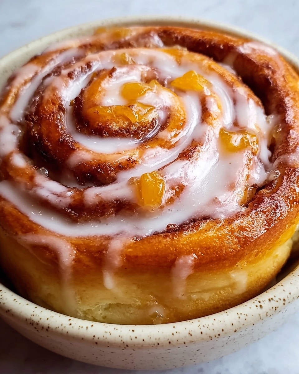 A close-up view of a single cinnamon roll with a golden-brown, slightly crispy outer swirl and a soft, thick dough base. The roll is generously drizzled with white icing that settles into its spiral shape. Small pieces of bright orange fruit are spread throughout the cinnamon swirl, adding pops of color and glossy texture. The roll sits in a white, speckled ceramic bowl on a white marbled surface. Photo taken with an iphone --ar 4:5 --v 7