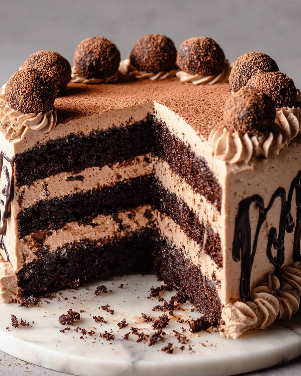 A slice of chocolate layer cake with four dark brown, moist cake layers separated by three light brown, creamy frosting layers, sits on a white plate with ridged edges. The cake slice is slightly leaning to the right, and the frosting appears smooth. On the right side of the plate next to the cake is a small round chocolate truffle dusted with cocoa powder, showing a rough texture. A silver fork with a small piece of cake is placed on the left side of the plate. The scene is set on a white marbled surface with some scattered cocoa powder and chocolate crumbs around the plate. Photo taken with an iphone --ar 4:5 --v 7