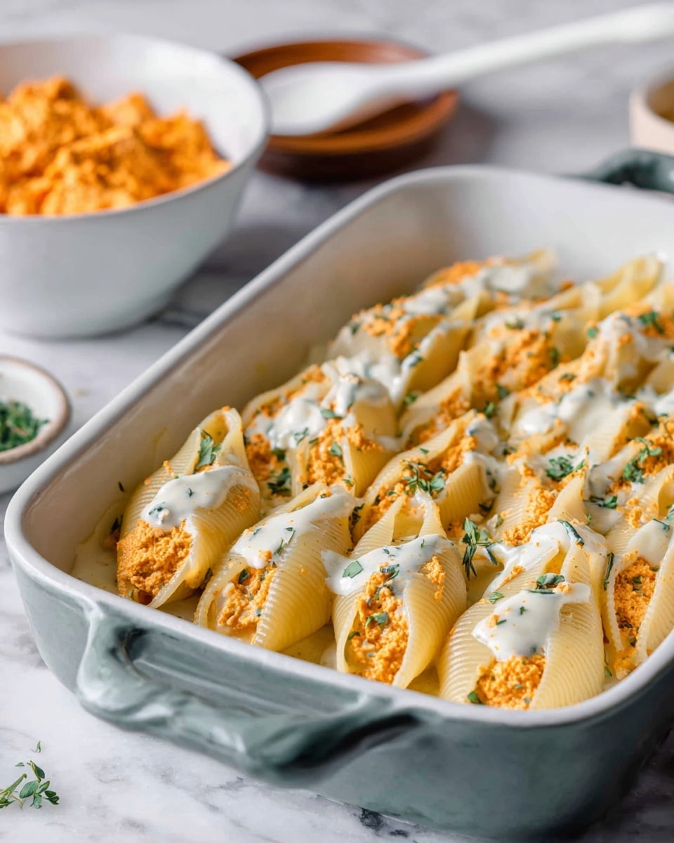 In a white ceramic baking dish with two handles, there is one layer of large pasta shells filled with a light orange, grainy filling. A creamy white sauce is drizzled unevenly over the pasta, creating soft patches on top. Small green herb leaves are scattered across the shells and sauce, adding color contrast. In the background, a white bowl with more of the orange filling and a white spoon can be seen, all set on a white marbled surface. Photo taken with an iphone --ar 4:5 --v 7