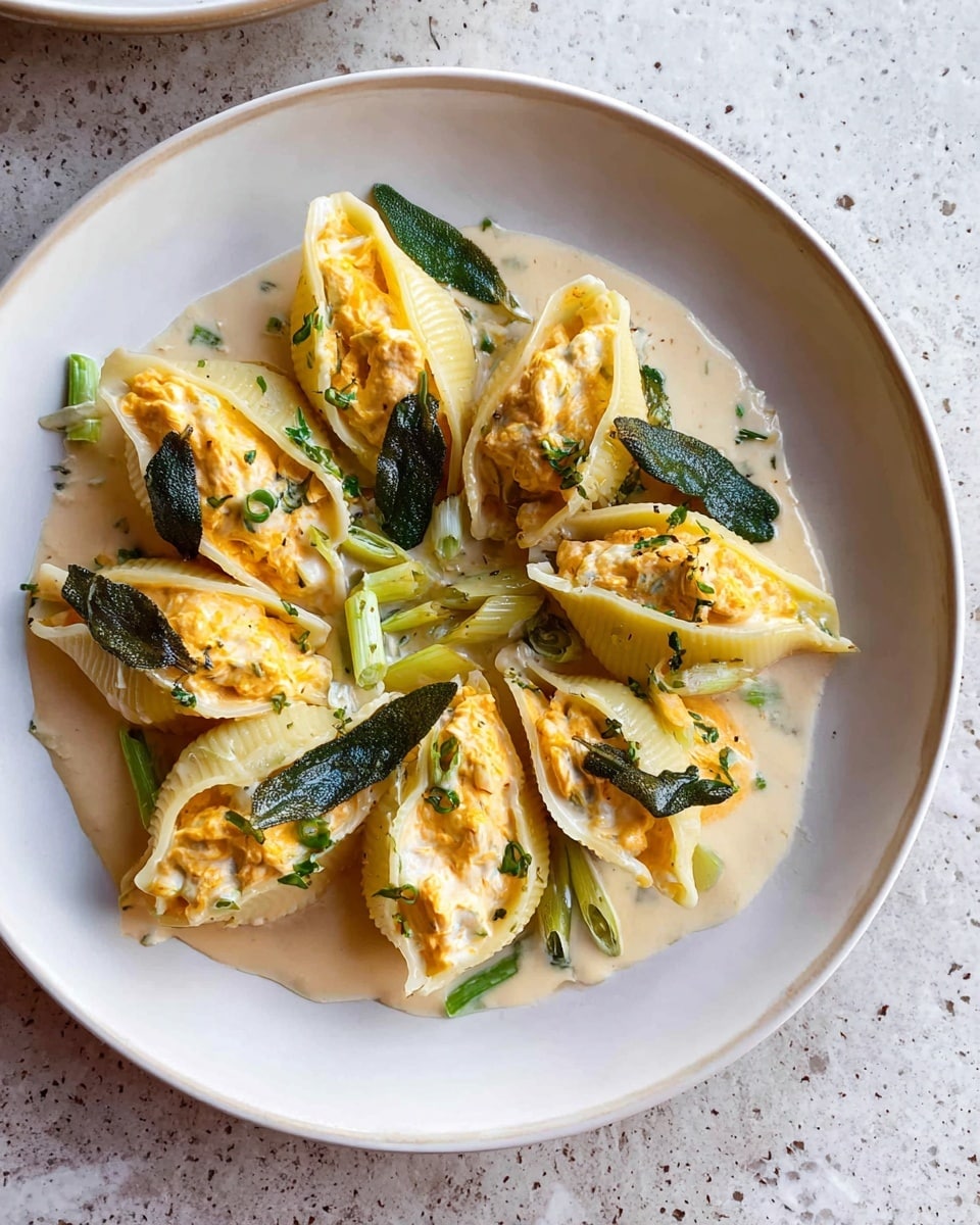 A white plate holds large yellow pasta shells stuffed with a creamy orange filling, layered closely in a circular pattern. The shells are topped with small green herbs and thin, bright green slices of cooked leek, adding texture and color. Scattered on top and around the shells are several dark green fried sage leaves, contrasting with the pale creamy sauce pooling under the pasta. The sauce is smooth and light beige, covering part of the plate and adding gloss to the dish. The plate sits on a soft white marbled surface with subtle veins and light spots. photo taken with an iphone --ar 4:5 --v 7