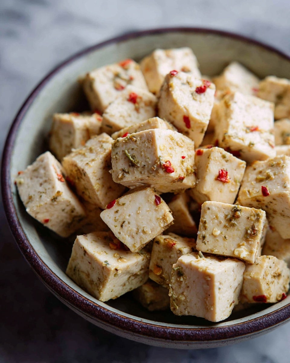 A close-up view of several small cubes of pale beige tofu mixed with seasoning and bits of red chili flakes inside a white bowl with a dark rim, all placed on a white marbled surface. The tofu cubes have a slightly glossy texture with visible herbs and spices coating their surfaces, giving a lightly speckled appearance. Photo taken with an iphone --ar 4:5 --v 7