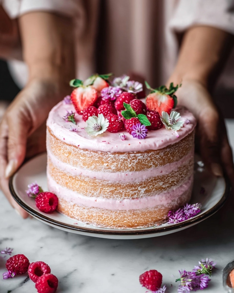 A three-layer naked cake with light pink frosting between each layer and a thin coat of the same frosting spread on the outside, showing the golden cake beneath. The top layer is covered with a smooth spread of pink frosting and decorated with fresh red raspberries, halved strawberries, small purple and white edible flowers, and green leaves. The cake sits on a white plate with a dark rim, held by a woman’s hands, with additional raspberries and small purple flowers scattered on a white marbled surface around the plate. Photo taken with an iphone --ar 4:5 --v 7