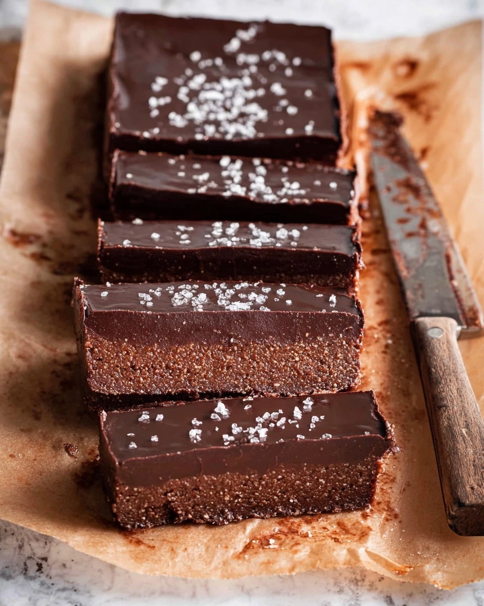 The image shows a rectangular chocolate dessert cut into five thick pieces on light brown parchment paper. The dessert has two clear layers: a smooth, shiny dark brown chocolate top layer sprinkled with coarse salt, and a denser, slightly lighter brown textured base layer that looks fudgy and rich. Next to the dessert, a knife with a wooden handle rests on the parchment paper, showing some chocolate crumbs and smudges. The background is a white marbled texture. photo taken with an iphone --ar 4:5 --v 7