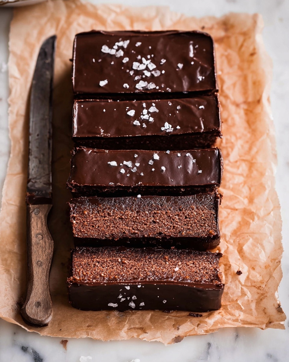 A rectangular chocolate dessert is cut into four even thick slices placed on a piece of parchment paper. The dessert has two layers: the bottom layer is a dense dark brown with a rough texture, and the top layer is a smooth shiny chocolate glaze with a few flakes of coarse sea salt sprinkled on it. To the left of the slices, there is a knife with a wooden handle resting on the parchment paper. The background is a white marbled texture. photo taken with an iphone --ar 4:5 --v 7