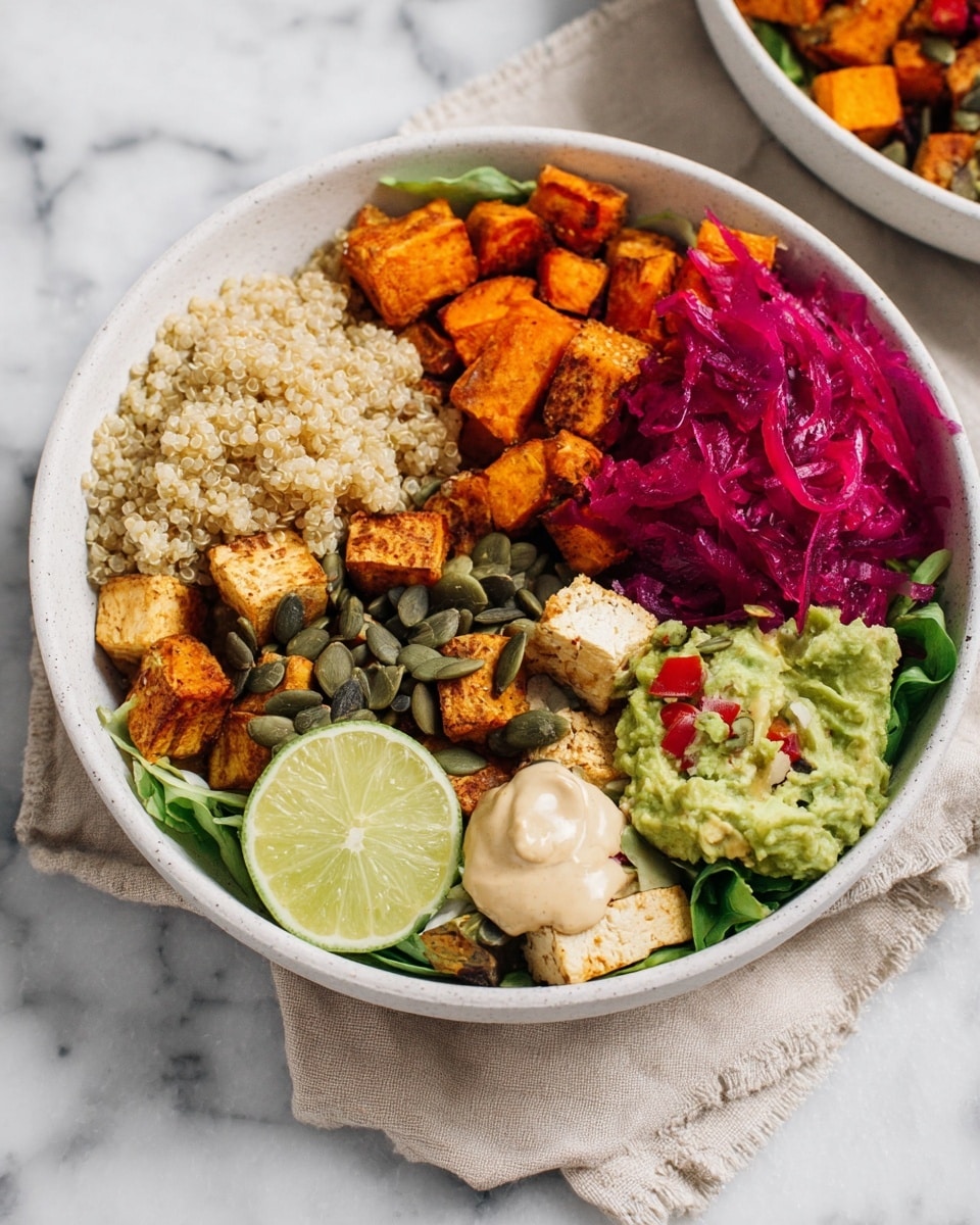 The image shows a white bowl with several distinct layers arranged in sections. Starting from the left, there is a portion of light beige quinoa with a slightly grainy texture. Next to that are bright orange roasted sweet potato cubes mixed with sautéed onions that have a translucent look. Moving right, there are small light tan tofu cubes with a soft texture. Below the tofu, there is a scoop of creamy light green guacamole mixed with small red bits. To the left of the guacamole is a pile of bright magenta pickled cabbage topped with dark green pumpkin seeds. Below the cabbage, there is some fresh green lettuce. Near the quinoa and lettuce, there is a halved lime with a vibrant green color and a dollop of pale beige hummus sprinkled with pumpkin seeds. The bowl rests on a white marbled surface with a beige cloth underneath. Photo taken with an iphone --ar 4:5 --v 7