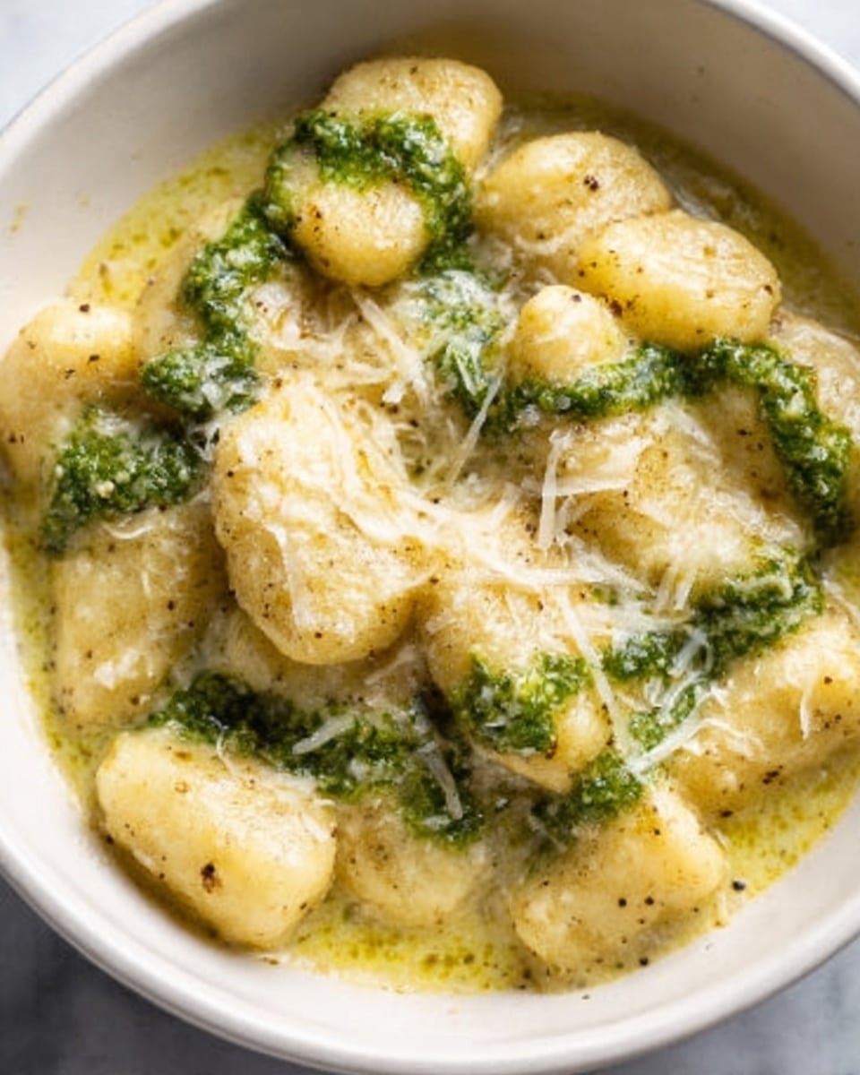 A close-up view of a white bowl filled with soft, pillowy gnocchi covered in a creamy light beige sauce with small specks of black pepper. The gnocchi pieces are rounded and slightly textured, layered unevenly inside the bowl. Pockets of green pesto sauce are drizzled on top, adding contrast with its vibrant color and smooth texture. A shiny silver spoon is lifting some gnocchi from the bowl, showing the creamy sauce clinging to each piece. The bowl sits on a soft beige cloth against a white marbled surface. photo taken with an iphone --ar 4:5 --v 7