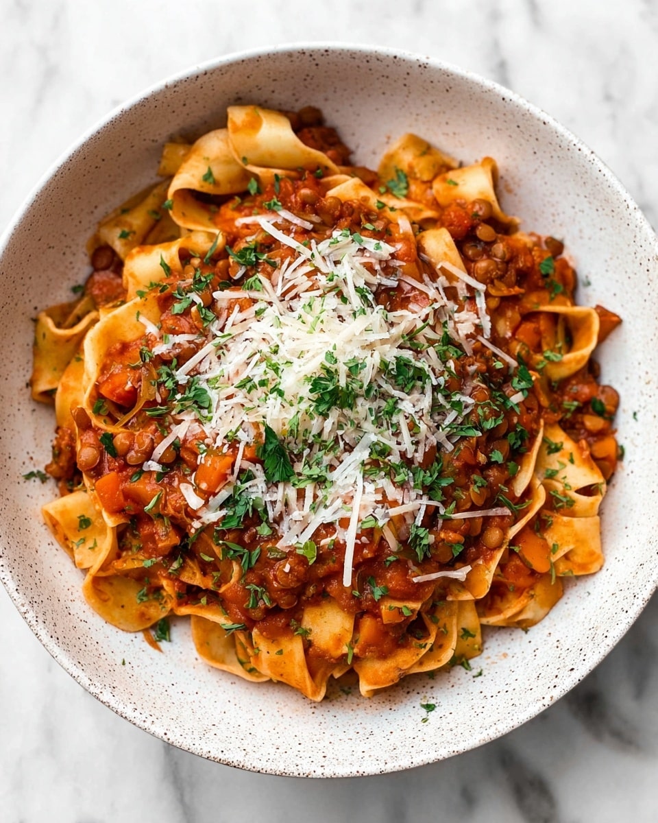 A close-up view of a white speckled bowl filled with wide, flat pasta ribbons coated in a thick red tomato-based sauce mixed with finely diced orange and brown vegetables and lentils, layered at the bottom and middle. The pasta is topped with a generous pile of shredded white cheese and sprinkled with chopped fresh green herbs, adding texture and color contrast over the warm tones of the dish. The bowl is placed on a white marbled surface, enhancing the earthy and inviting look of the meal. photo taken with an iphone --ar 4:5 --v 7