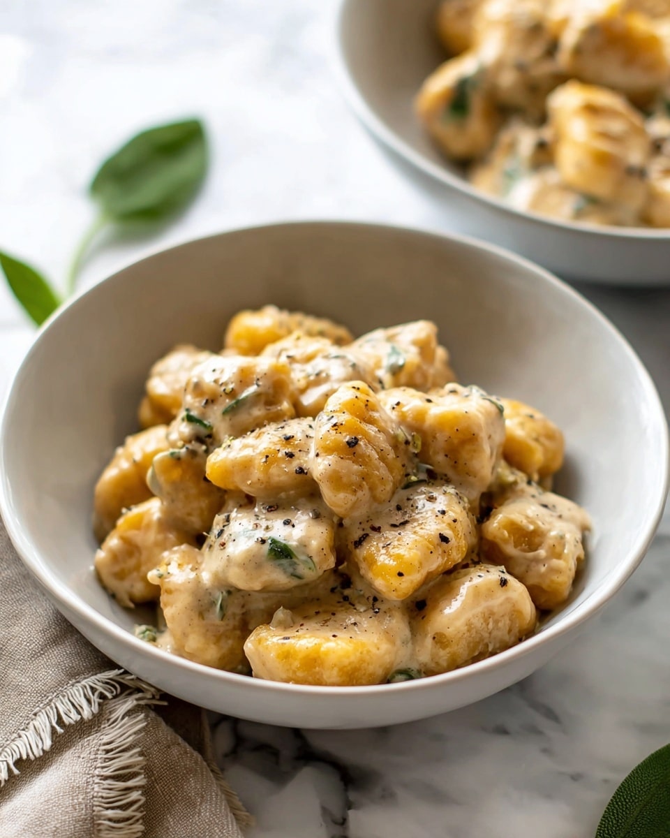 A white bowl filled with three layers of soft, golden-brown gnocchi pieces coated in a creamy beige sauce, with small bits of green herbs mixed in and black pepper sprinkled on top, placed on a white marbled surface with a small piece of green leaf and a beige cloth with fringed edges beside it, another bowl with the same dish blurred in the background. photo taken with an iphone --ar 4:5 --v 7