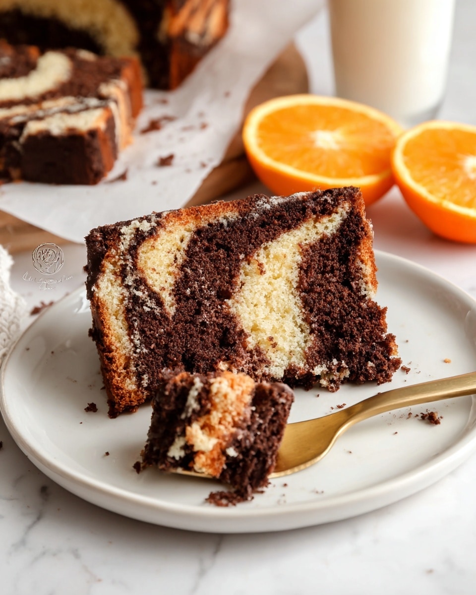 A slice of marbled chocolate and vanilla cake sits on a white plate, showing two visible layers swirled together in rich dark brown and light beige colors with a crumbly texture. A gold fork is inserted into the cake slice, lifting a bite-sized piece. There is some chocolate cake smear on the edge of the plate. In the background, there is a larger piece of the same cake resting on white parchment paper and two fresh orange halves placed on a white marbled surface. A glass of milk is also partially visible on the right side. photo taken with an iphone --ar 4:5 --v 7