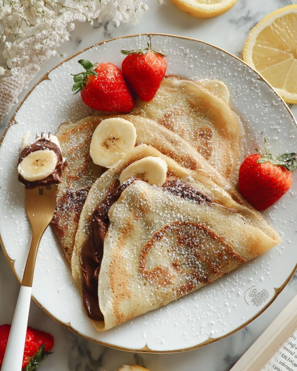 A white plate with gold trim holds three thin crepes folded into quarters, each crepe light golden with a soft, slightly uneven texture. The top crepe shows a thick spread of dark chocolate hazelnut spread visible at the edges. Slices of pale yellow banana peek out from underneath the crepes, adding a soft texture and color contrast. Halved bright red strawberries with green tops are placed around the plate, adding freshness. A gold fork with a white handle rests on the plate, touching one crepe. A light dusting of powdered sugar covers the crepes and fruit lightly. The setting is on a white marbled surface with some lemon slices and a book edge just visible. photo taken with an iphone --ar 4:5 --v 7