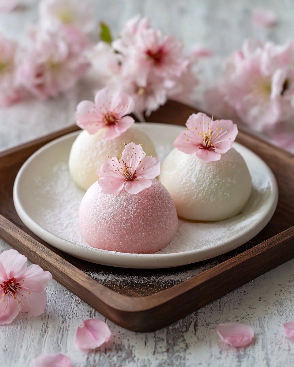 Three round mochi desserts are placed in a shallow white bowl, each covered with a light dusting of powdered sugar. The mochi come in three colors: one pink, one pale pink, and one white, all smooth and soft with a slightly frosted look. Each mochi is topped with a small, delicate pink flower with yellow stamen in the center. The bowl sits inside a dark wooden tray with handles, resting on a white marbled surface. Around the tray and bowl are scattered pink cherry blossoms and branches, adding a fresh, natural touch to the presentation. Photo taken with an iphone --ar 4:5 --v 7