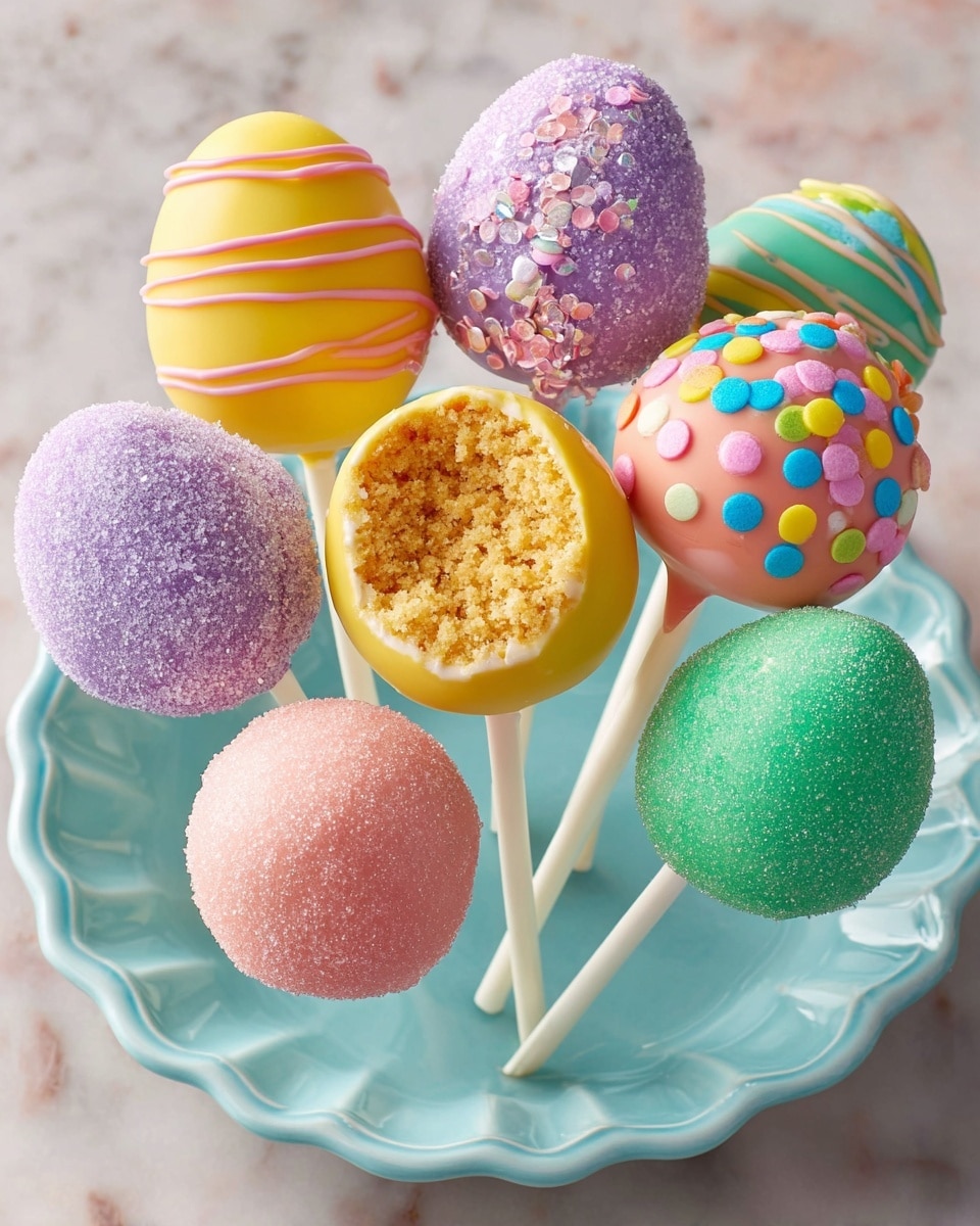 The image shows seven colorful cake pops on white sticks, arranged in a small cluster. Each cake pop is decorated in a different bright pastel color: two yellow with pink sugar lines, one green with blue, yellow, and pink dot sprinkles, one pink with white pearl-like beads and multicolored dots, one purple with yellow sugar bead bands and scattered dots, one lavender with multicolored dot sprinkles, and one striped with green, orange, and blue sugar granules. The cake pops are smooth with added texture from the decorations, all set against a white marbled background. photo taken with an iphone --ar 4:5 --v 7