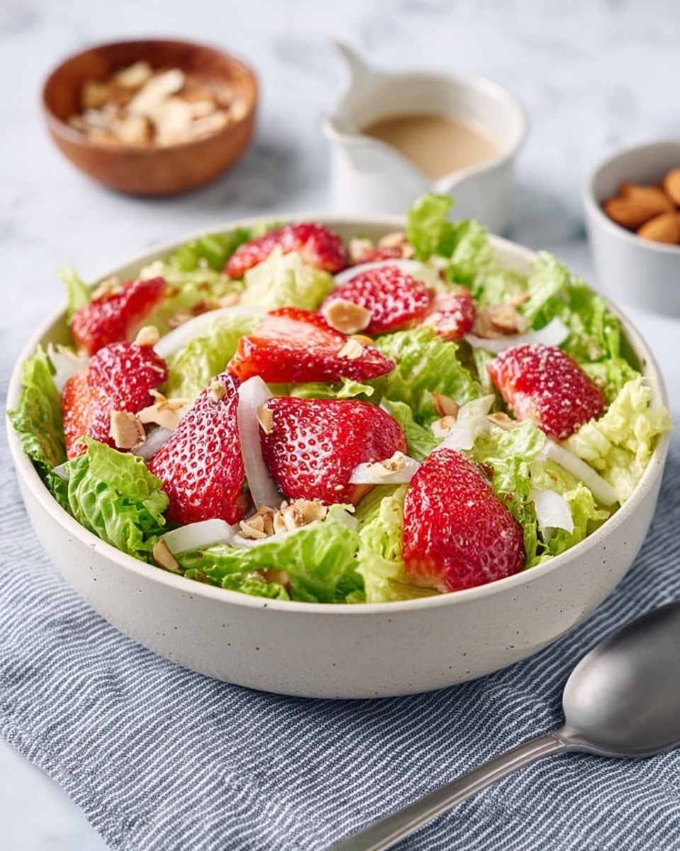 A white bowl filled with three main layers: the bottom layer is bright green chopped lettuce with a crisp texture, the middle layer has thinly sliced white onion rings scattered evenly, and the top layer is made of large red strawberry halves coated lightly with a creamy, white dressing mixed with small black poppy seeds. Small clusters of golden brown nuts are spread on top, adding texture and color contrast. The bowl is placed on a wooden board, with a glass of white creamy dressing with black seeds next to it, all set on a white marbled surface with a blue and white checkered napkin partially visible. Photo taken with an iphone --ar 4:5 --v 7