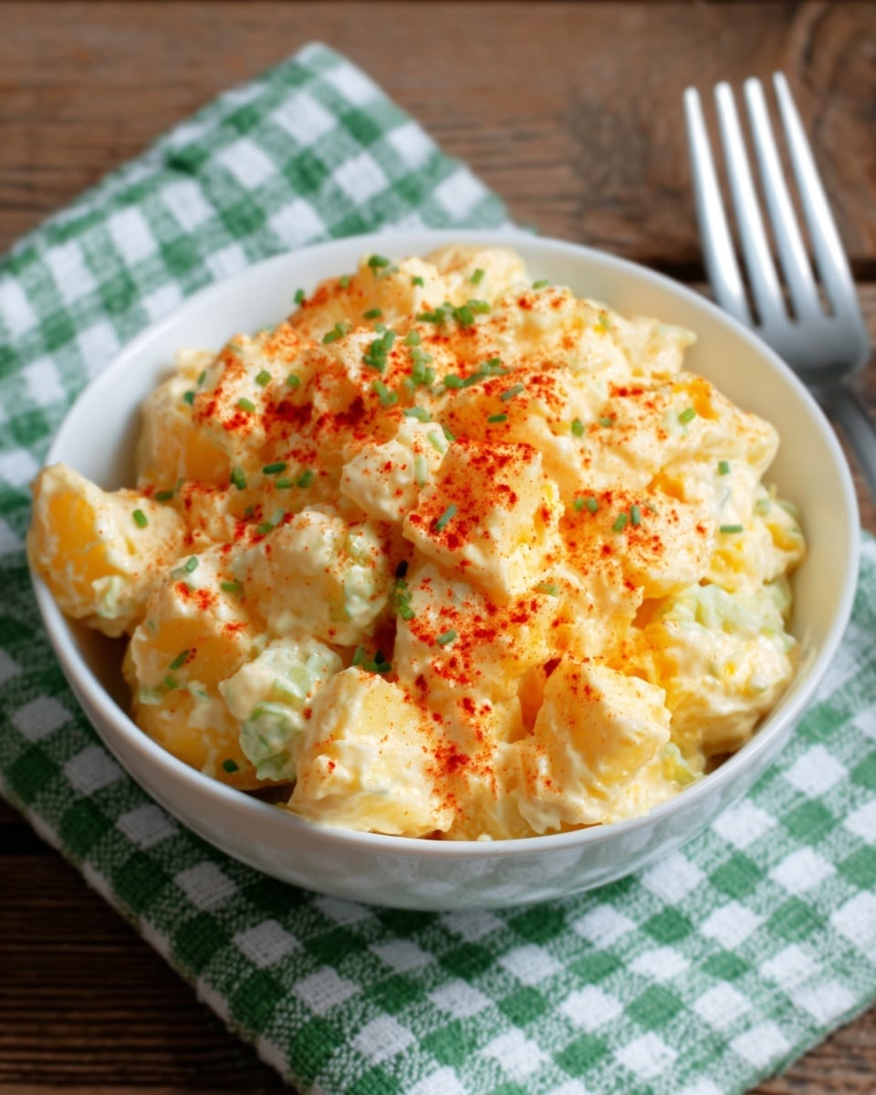The image shows a white bowl filled with creamy yellow potato salad topped with a sprinkling of reddish paprika powder. The potato salad appears chunky with visible bits of potato coated in a smooth, thick dressing. The bowl is placed on a green and white checkered cloth on a wooden table, with a silver fork resting to the right side of the bowl. The overall look is simple, fresh, and inviting. photo taken with an iphone --ar 4:5 --v 7
