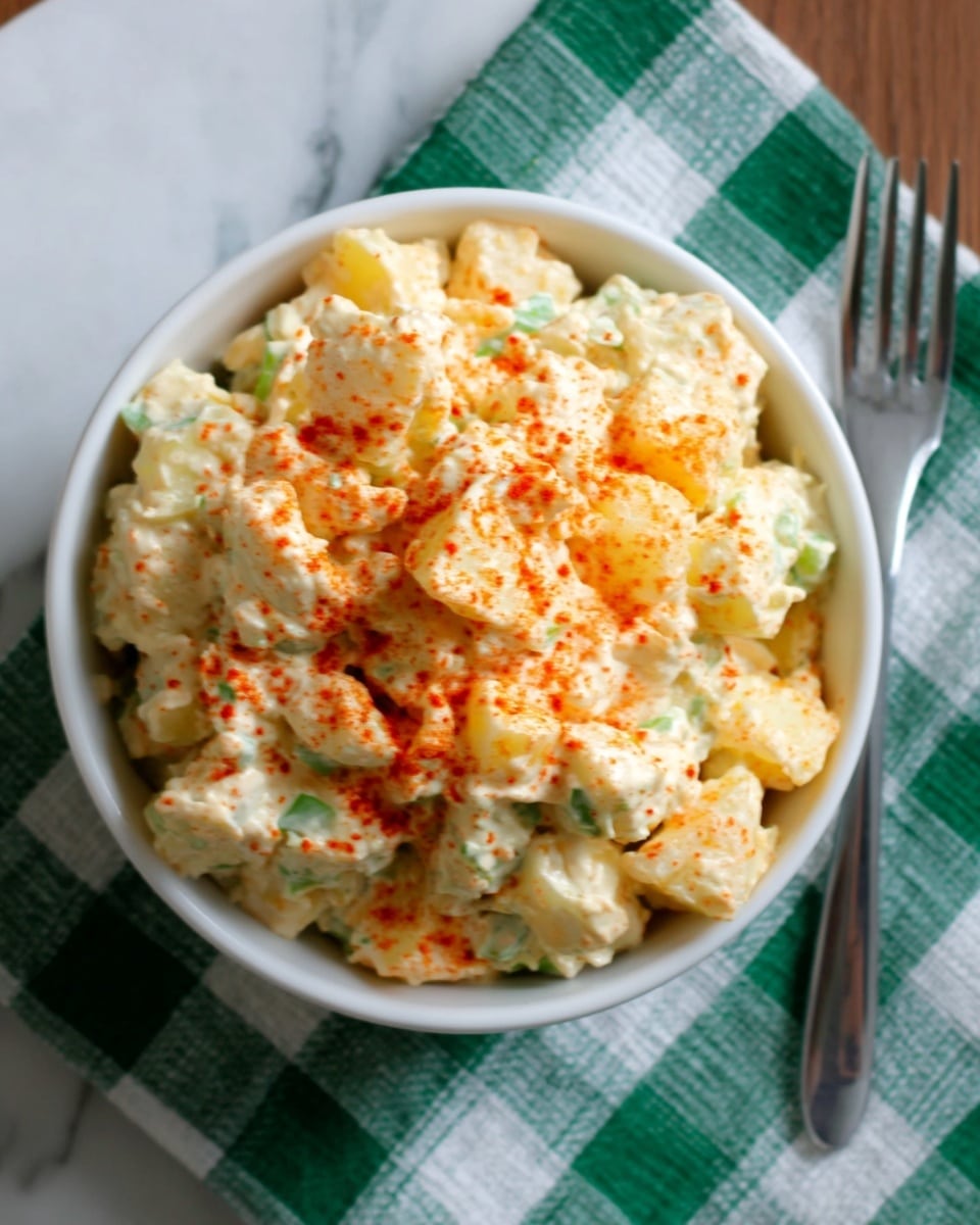 A white bowl filled with creamy potato salad, showing chunks of potato mixed with mayonnaise. The top layer is dusted with bright orange paprika, giving a pop of color against the pale potato and creamy texture. The bowl is placed on a green and white checkered cloth on a white marbled surface, with a simple silver fork on the right side. photo taken with an iphone --ar 4:5 --v 7