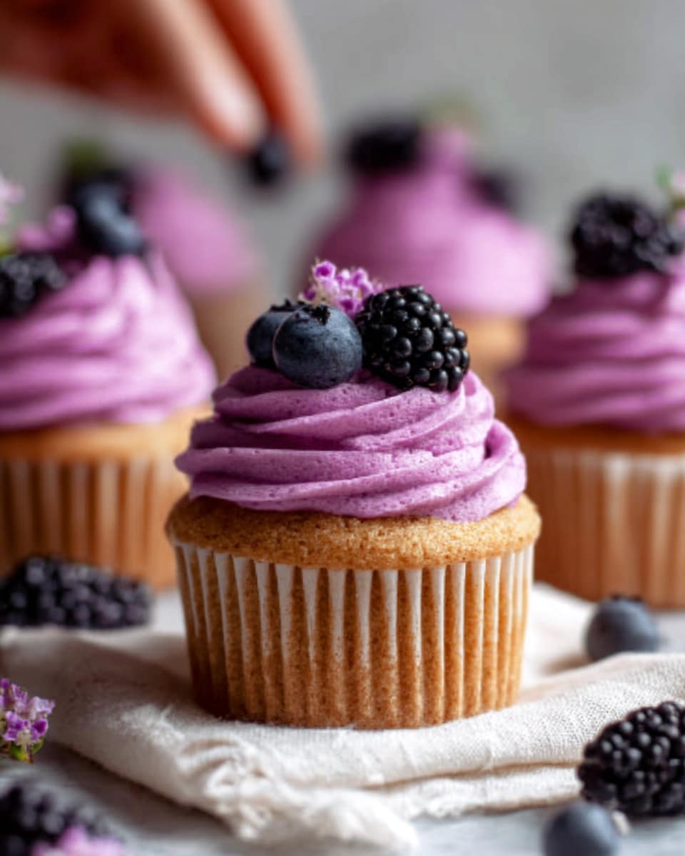 The image shows several cupcakes with a golden-brown base, topped with thick swirls of bright purple frosting. Each cupcake is decorated with dark blackberries and small blueberries sitting on top of the frosting. The cupcakes are placed on a rough beige cloth, which lays on a white marbled surface. In the background, there are soft purple flowers adding a gentle touch to the scene. photo taken with an iphone --ar 4:5 --v 7
