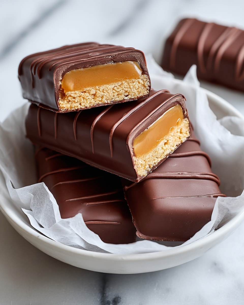 The image shows three chocolate bars stacked on each other, each bar with three layers. The top layer is a smooth, shiny milk chocolate with diagonal lines etched on top in a darker shade. The middle layer is thick, golden caramel with a glossy and slightly gooey texture. The bottom layer is a light, crumbly biscuit with small, uneven bits giving it a rough texture. The bars are placed on a white marbled surface with soft lighting that highlights the silky caramel and the rich chocolate coating. Photo taken with an iphone --ar 4:5 --v 7