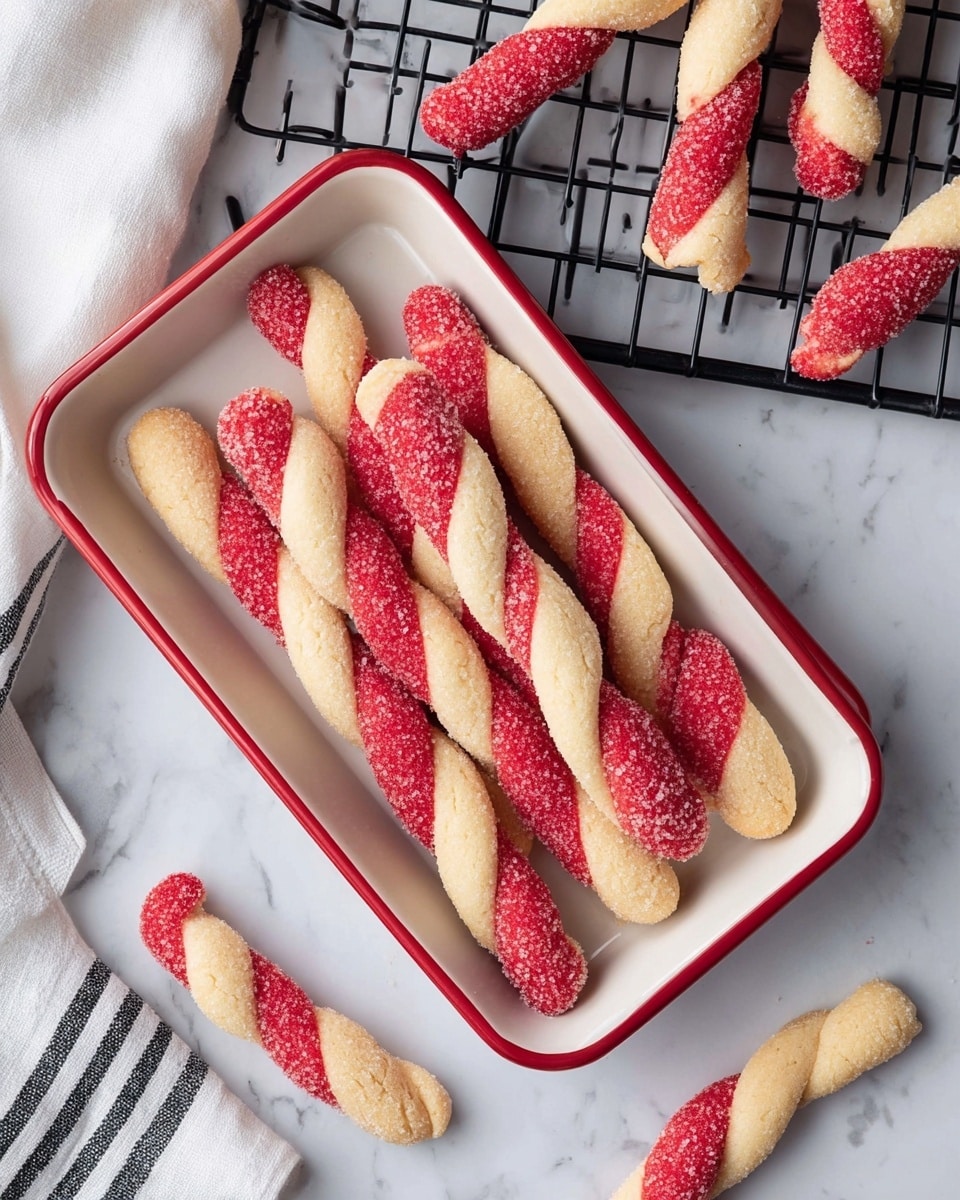 The image shows several candy cane-shaped cookies with two twisted colors, red and cream. Each cookie has spiral stripes alternating between the red sugar-coated texture and the smooth cream dough, with a curved hook at the top. Some cookies rest on a white marbled surface, while others lie on a metal cooling rack, and a white bowl filled with more of the same cookies is visible in the top left corner. A clear glass bottle filled with milk with a red and white striped straw is placed near the top right. There is also a white cloth and a red ribbon in the bottom left corner, adding to the festive feel. Photo taken with an iphone --ar 4:5 --v 7