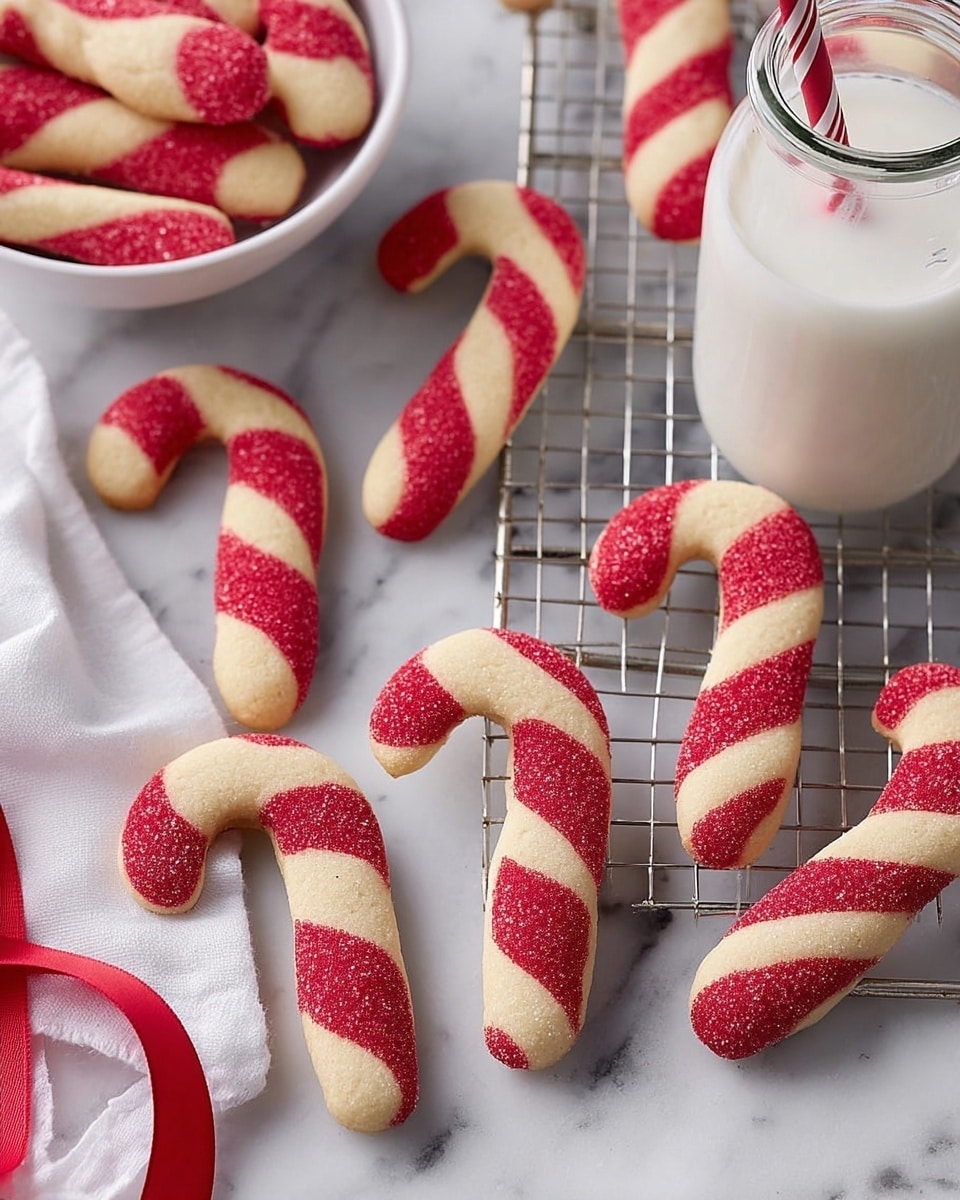 The image shows a white rectangular dish with a red rim filled with twisted cookies that have two layers twisted around each other, one pale beige and one bright red with sugar crystals on top. Around the dish, some twisted cookies rest on a black cooling rack and a white marbled surface, showing the same two colors and sugar texture, with one cookie laying loose on the surface next to the dish. A white cloth with black stripes is partly visible in the bottom left corner. photo taken with an iphone --ar 4:5 --v 7