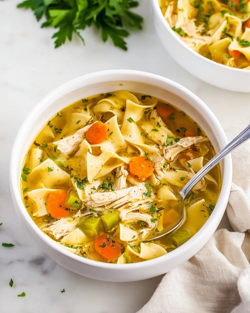 The image shows a white bowl filled with chicken noodle soup on a white marbled surface. The soup has broad, flat, yellow noodles curling around chunks of shredded white chicken. Bright orange carrot slices and light green celery pieces float in the clear golden broth, topped with small chopped green herbs. A silver spoon rests inside the bowl, partly submerged in the warm soup. In the background, part of another white bowl with the same soup is seen, along with a soft folded light cloth and a small bunch of fresh green parsley. photo taken with an iphone --ar 4:5 --v 7