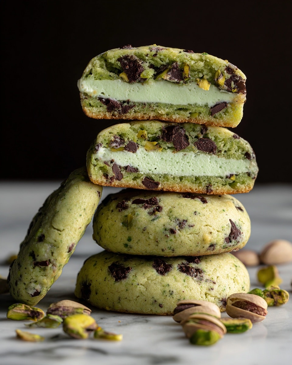 A stack of four round green cookies with dark chocolate chips and pistachio pieces is shown on a white marbled surface. The bottom two cookies are whole, with a slightly cracked texture and visible chocolate chunks on top. The third cookie from the bottom is cut in half and placed on top of the bottom two, showing two layers inside: a soft green cookie dough outer layer and a smooth, creamy light green filling in the middle. The top half of the cut cookie is balanced on the third cookie, exposing the same creamy filling and cookie dough layers from above. Scattered green and brown pistachios surround the stack. The background is dark, making the cookies and pistachios stand out. Photo taken with an iphone --ar 4:5 --v 7